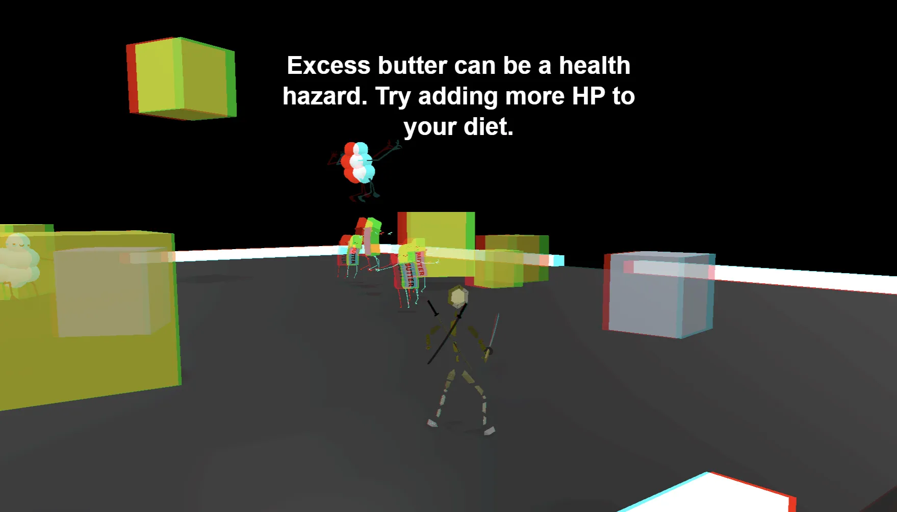 A screenshot of The Crimson Tower in its red-cyan anaglyphic 3D mode: a low-poly, katana-wielding avatar stands on a dark platform among floating, color-fringed cubes and cartoonish 'BUTTER' enemies. On-screen text reads: 'Excess butter can be a health hazard. Try adding more HP to your diet.'