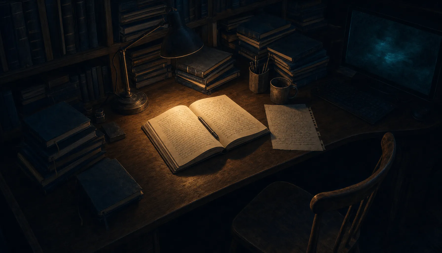 A quiet writing desk at night, seen slightly from above. An open journal lies in a pool of warm amber lamplight, a pen resting in the gutter mid-entry. Around and behind it, dozens of closed journals are stacked and shelved, their spines in subtly different shades of deep blue and slate, receding into darkness. The chair is empty, pushed back slightly, as if the writer just stepped away. The handwriting on the open page is neat but illegible — and identical to the handwriting on a loose page beside it. A faint teal glow comes from a darkened computer monitor at the desk's edge. Painterly and restrained, melancholy but warm; deep blue-black palette with a single amber light source. No people, no readable text.